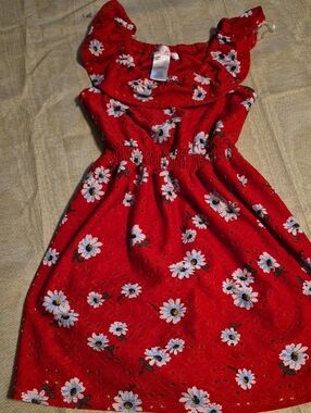 Girls' Red Daisy Print Summer Dress